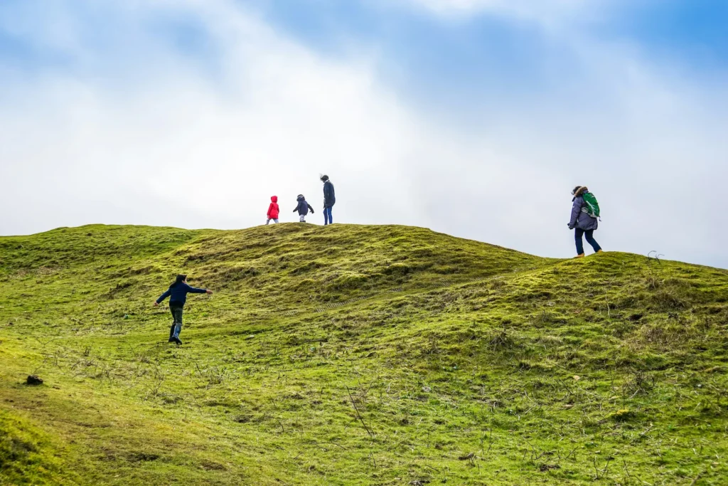 Parents and young children walking in the countryside